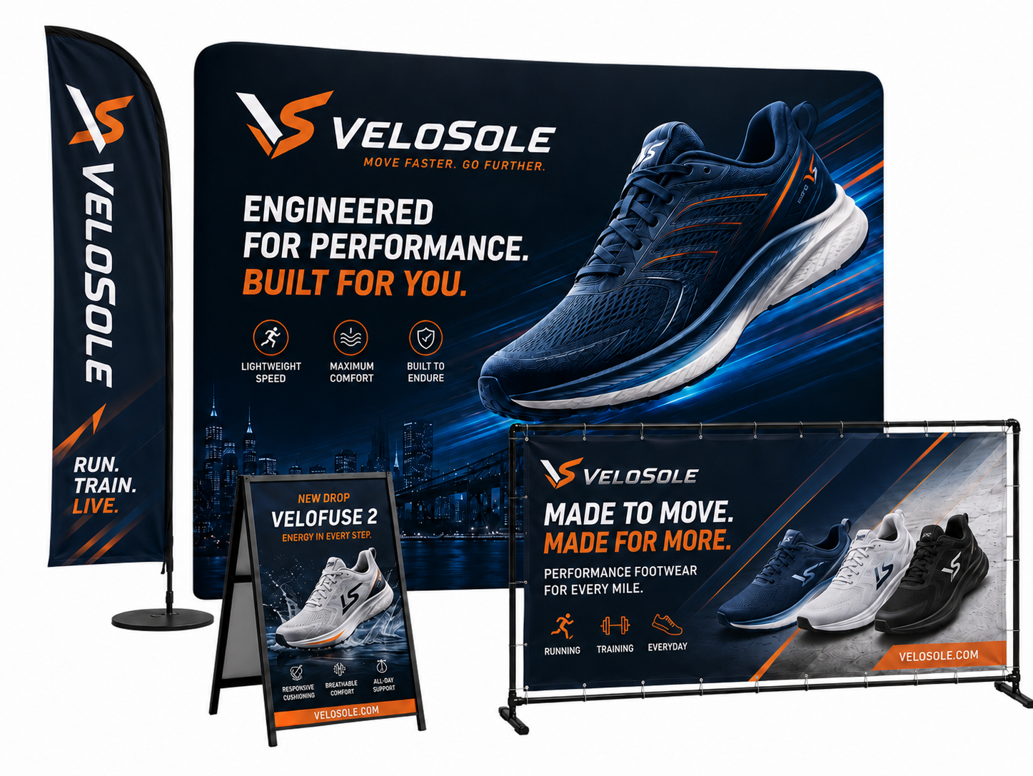 Custom banners, flags, A-frame signs and step-and-repeat backdrops